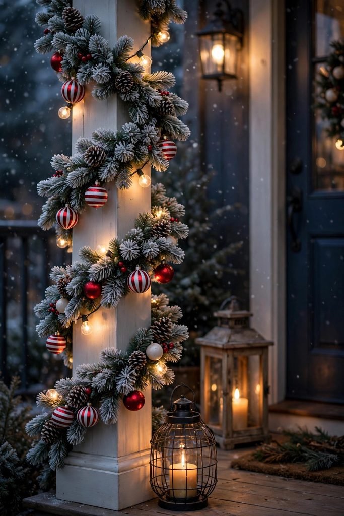 Front porch column wrapped in a spiral of frosted pine Christmas garland with pinecones, globe lights and ornaments