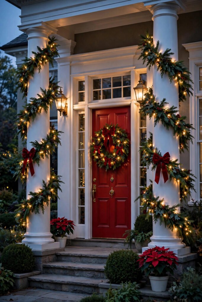 White porch columns wrapped in evergreen garland with red ornaments and pinecones, big red bows at the top corners, vintage wooden sled leaning by a cream door