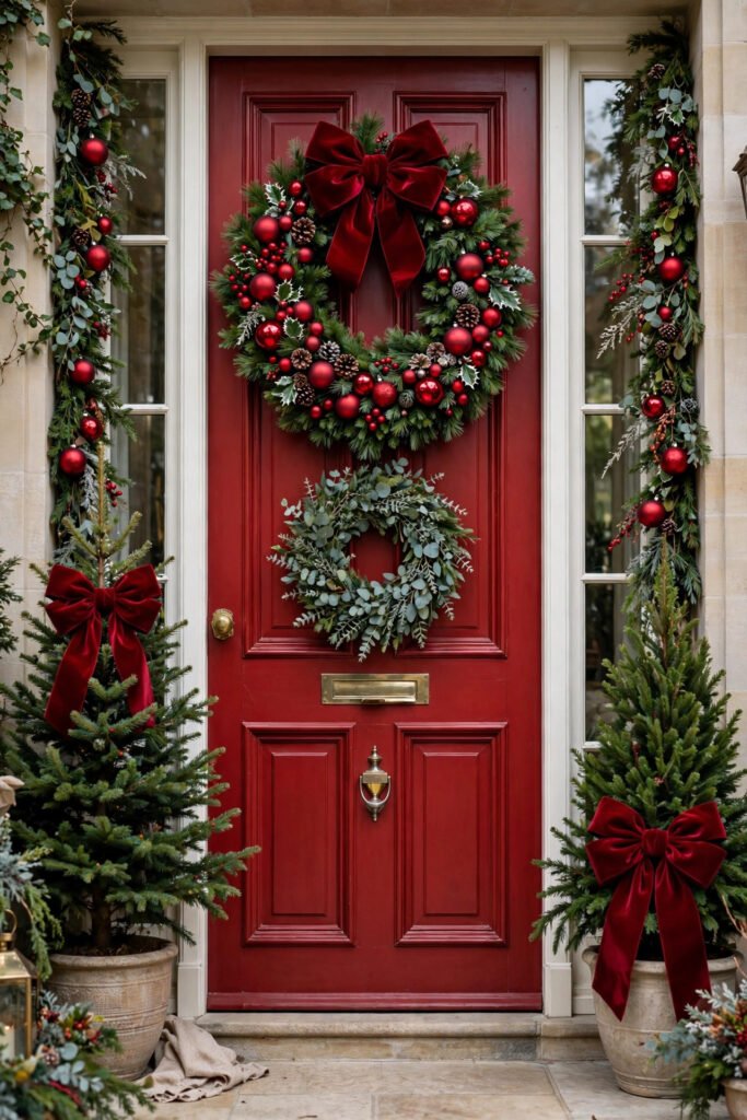 Red front door with two stacked Christmas wreaths — a full pine wreath with red ornaments and velvet bow on top and a smaller silvery eucalyptus wreath below the mail slot, garland with red ornaments on the sidelights, two trees with red bows