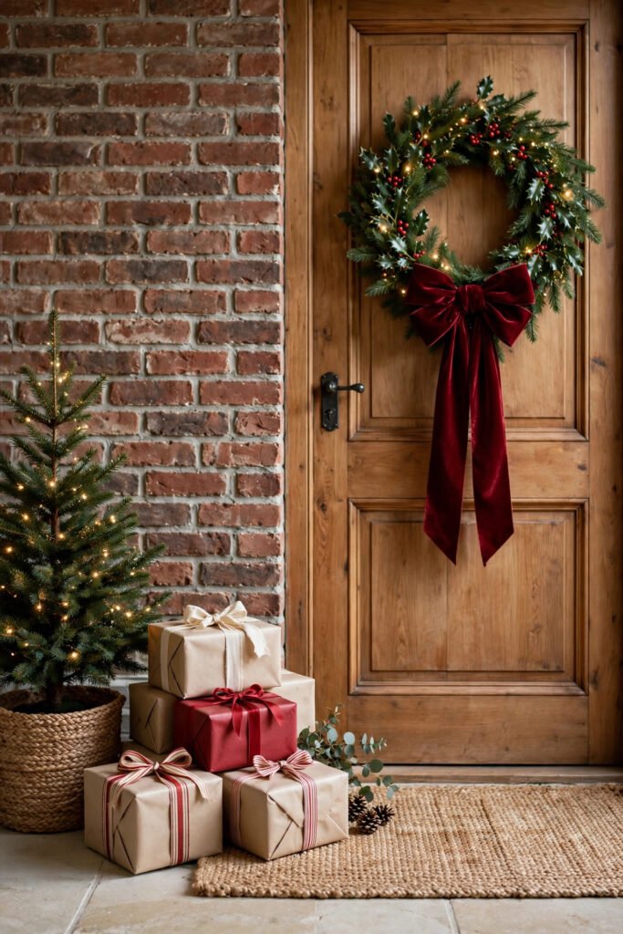 Red and kraft paper Christmas gift boxes with red and cream ribbon stacked on a jute doormat, small lit tree in a woven basket, brick wall, wood door with a holly wreath with fairy lights and burgundy velvet bow