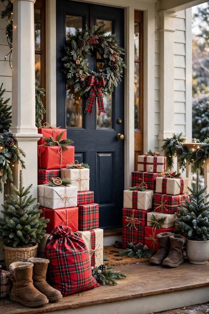 Stacks of red cream and plaid wrapped Christmas gift boxes piled on both sides of a front door with small potted trees