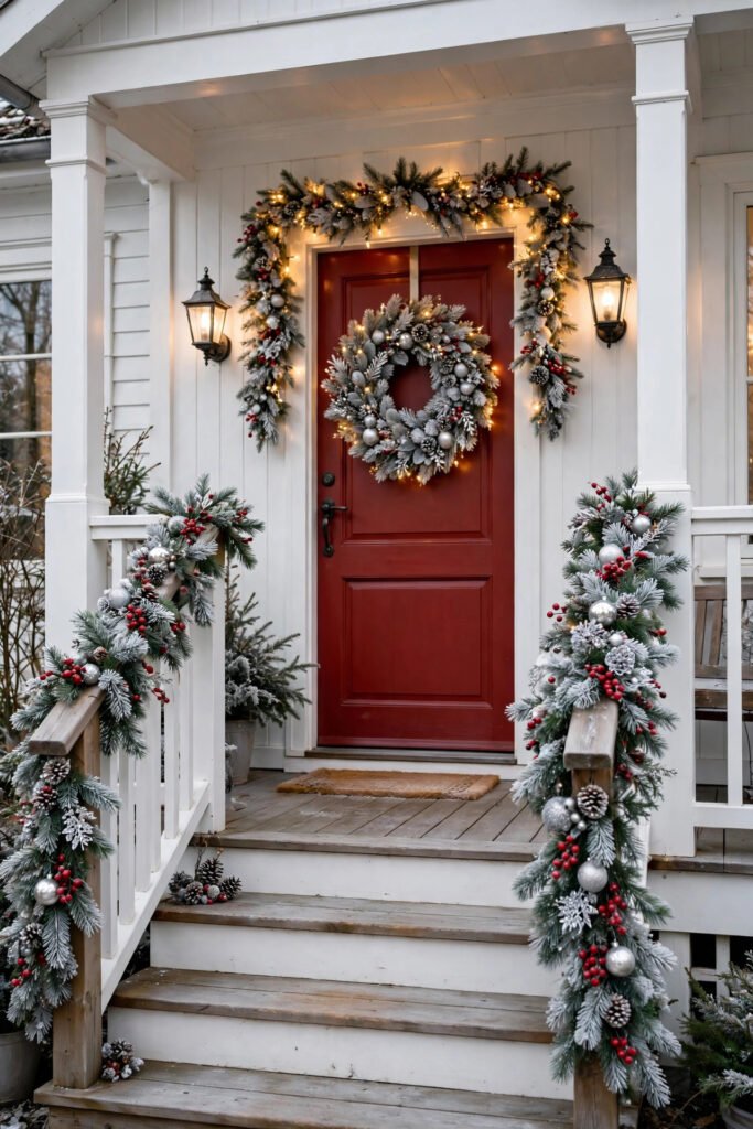 White porch with frosted greenery with red and silver ornaments, berries and pinecones along both stair rails, red door with a lit garland and a frosty silver wreath, two warm wall lanterns