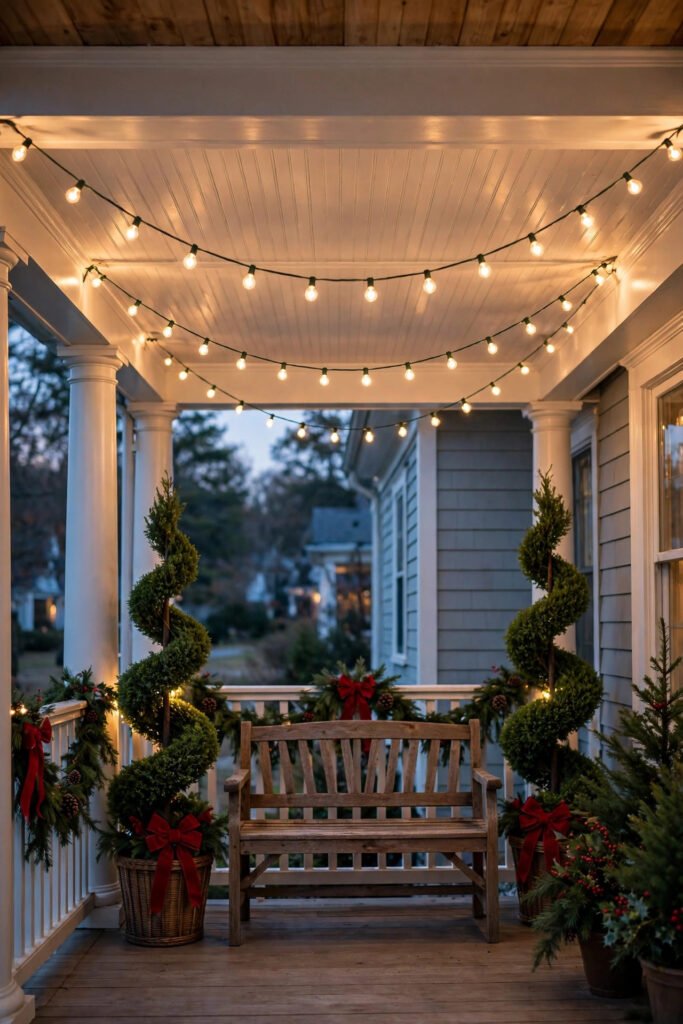 Porch ceiling with two layered rows of warm white string lights in soft swoops, spiral topiaries with red bows, Santa sitting on a wooden bench, dusk lighting