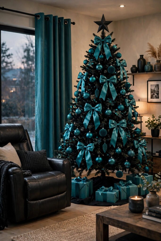 Black Christmas tree with teal ornaments, big teal satin bows and teal gift wrap, teal grommet curtains, matte black star, black tree skirt, black leather recliner nearby