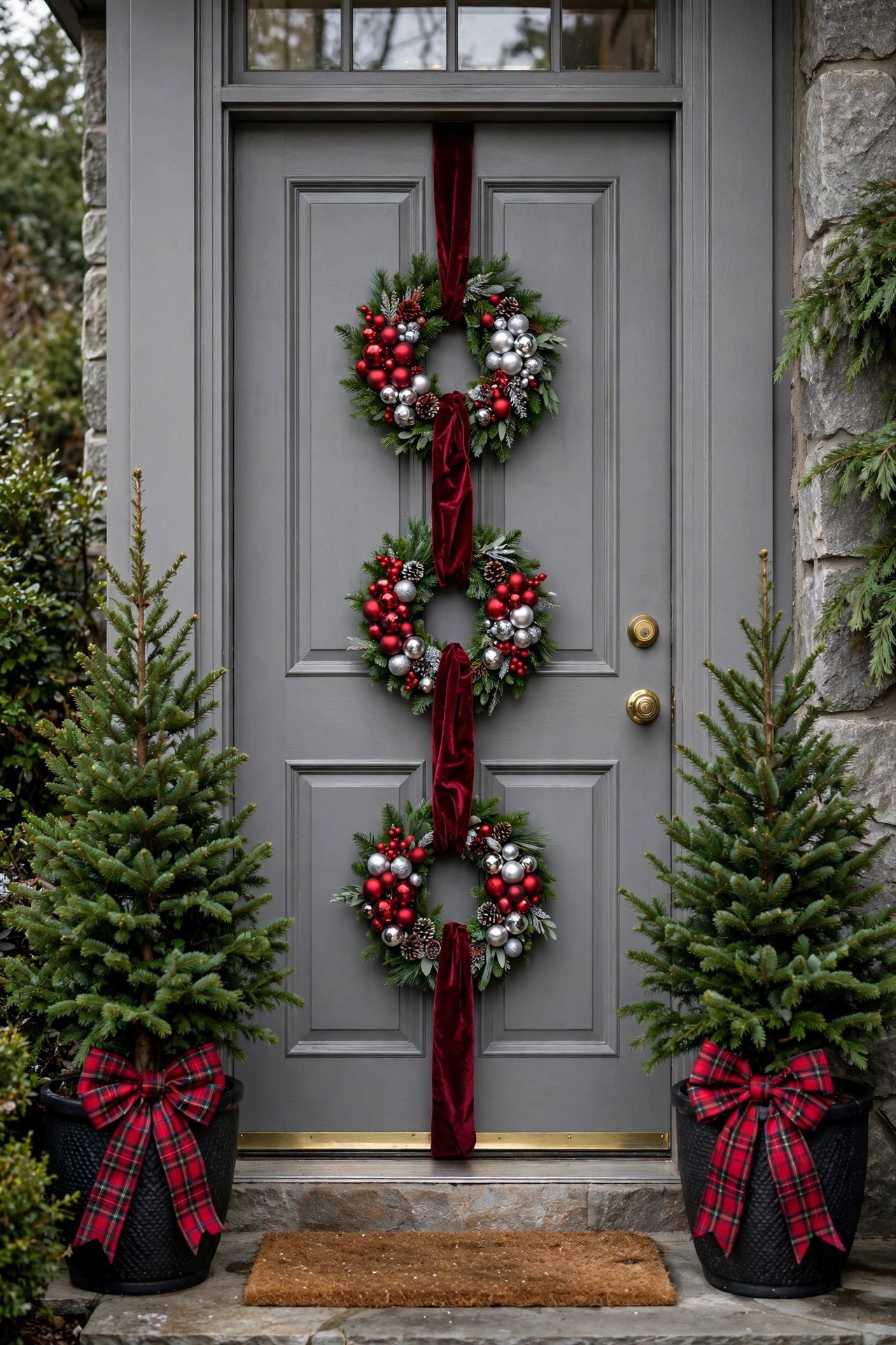 Three small Christmas wreaths stacked vertically on a gray front door linked by a long burgundy velvet ribbon