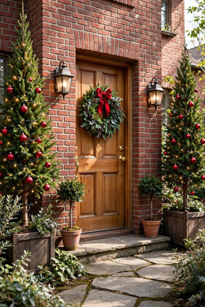 Brick entry with tall lit trees with red ornaments on the outside and smaller potted trees beside a wooden door, warm wall lanterns, wreath with a red bow