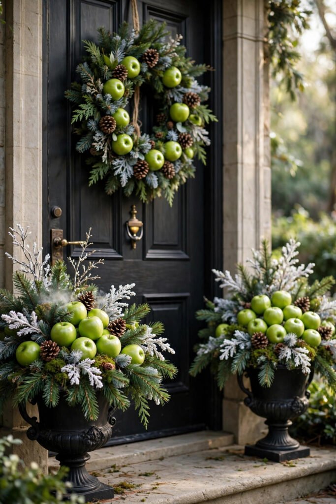 Christmas front door with a pine wreath decorated with fresh green apples and pinecones, flanked by two iron urns filled with green apples, pine and frosted white branches