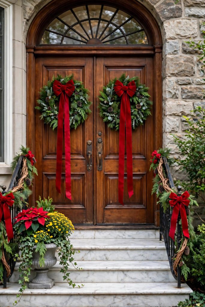Rich wood double doors with two matching fresh wreaths with big red bows hanging from long red ribbons, fanlight above, marble steps with iron railings wrapped in cedar and red bows, urn of poinsettias, yellow mums and ivy