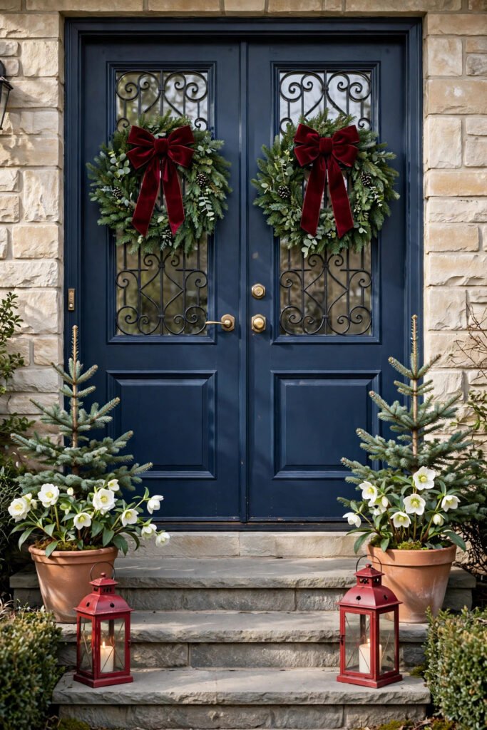 Navy double doors each with a fresh wreath and burgundy velvet bow over scrolled iron grilles, terracotta pots with little spruce trees and white Christmas roses, red lanterns on the steps