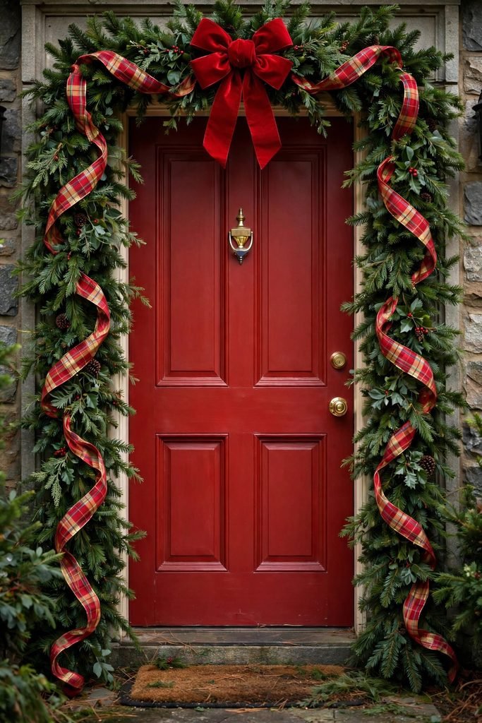 Christmas garland around a red front door with red and gold plaid ribbon twisted through and a large velvet bow on top