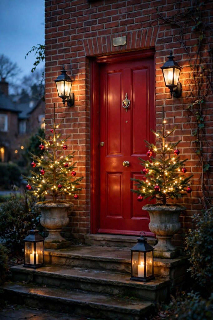 Brick home with two small trees in stone urns covered in warm white lights and red ornaments beside a red door, carriage lights, candle lanterns on the steps, dusk