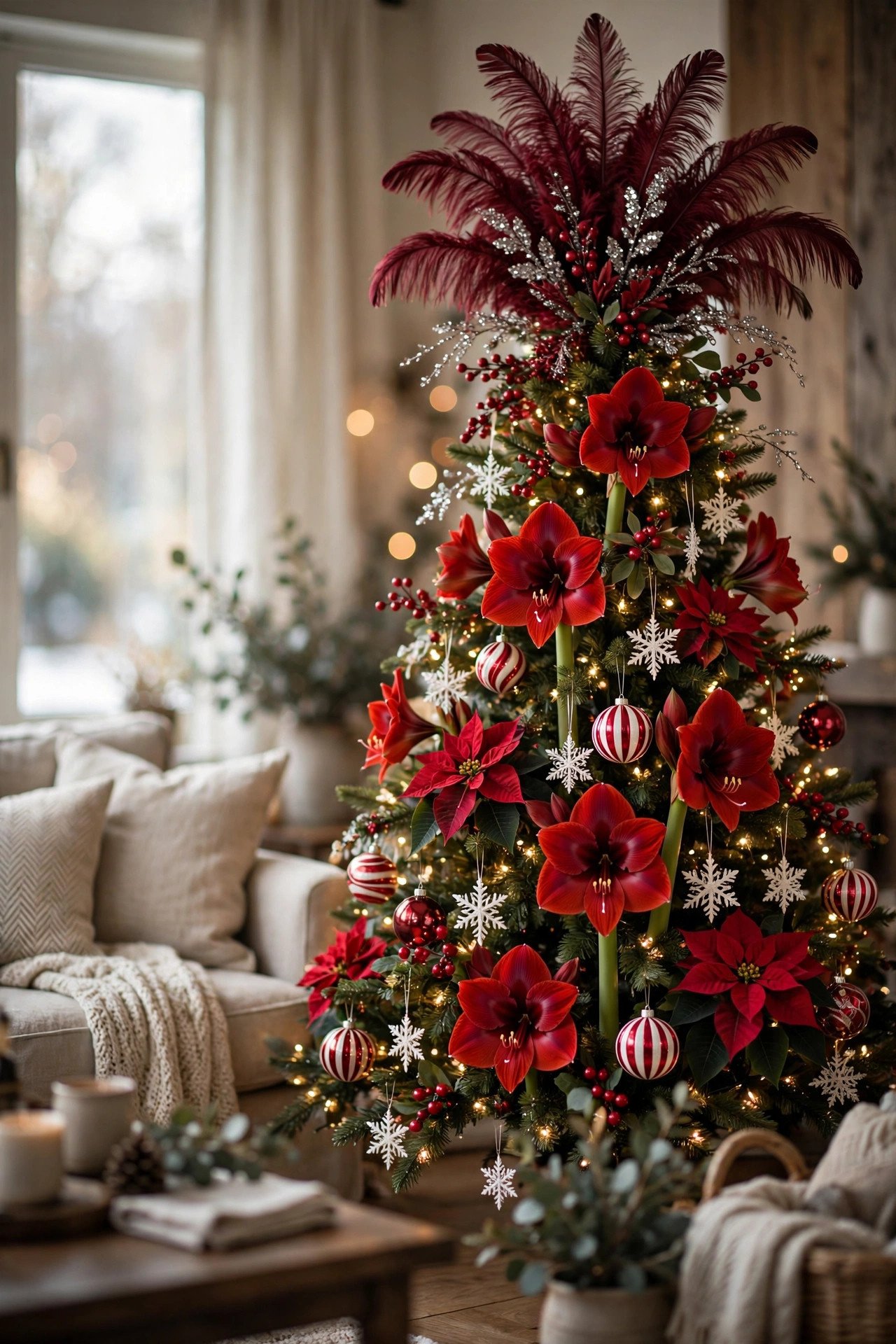 A tall Christmas tree crowned with a fanned spray of burgundy feathers, silver sequin sprigs and red berry picks, huge red amaryllis and poinsettia blooms, candy-striped balls, white snowflakes, warm white lights, cozy living room with soft window light