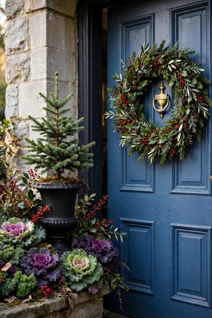 Black urn holding a small spruce tree surrounded by green and purple ornamental kale and red berry sprigs beside a blue door with a wreath