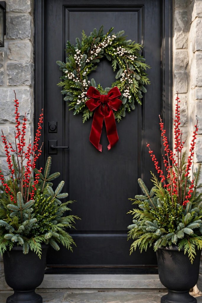 Black urns beside a charcoal front door filled with cut fir, cedar, boxwood and tall red winterberry stems, wreath with white berries and a red velvet bow
