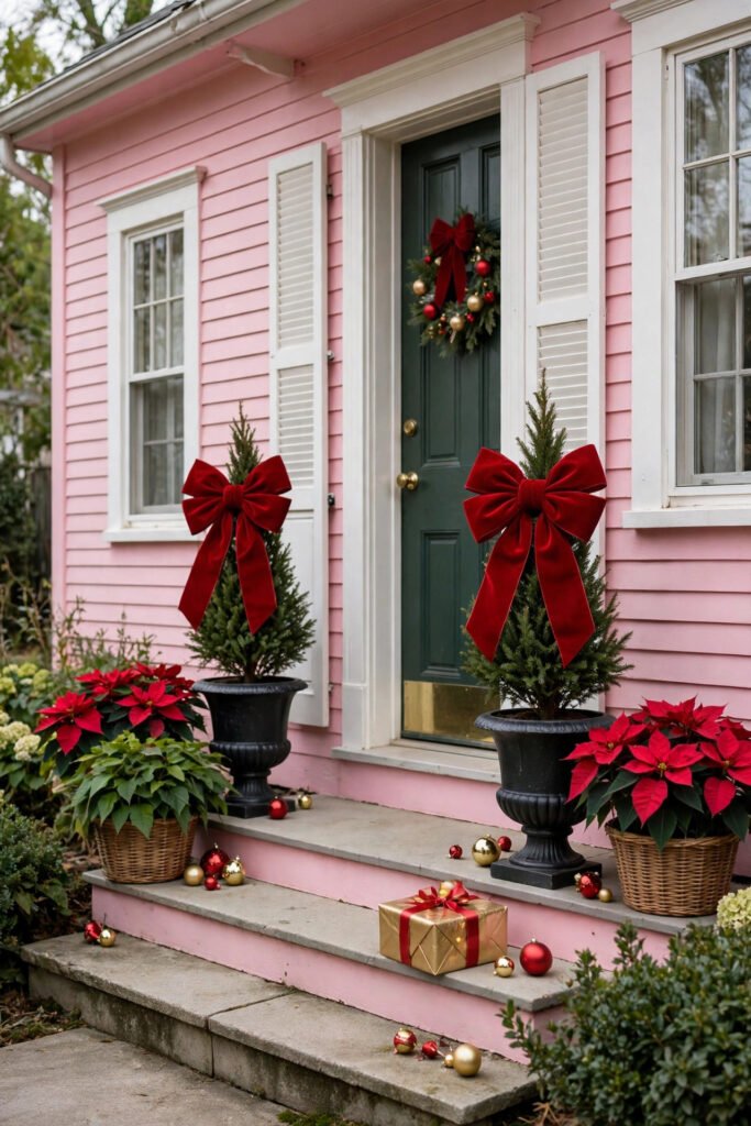 Pink house with two small trees in black urns topped with large red velvet bows, red and gold ornaments, baskets of poinsettias, wrapped gift on the steps