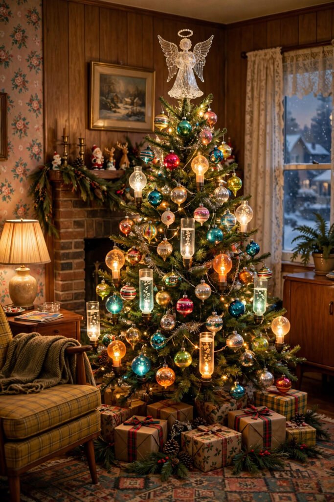 Vintage Christmas tree crowned with a spun-glass angel tree topper, glass ornaments and bubble lights