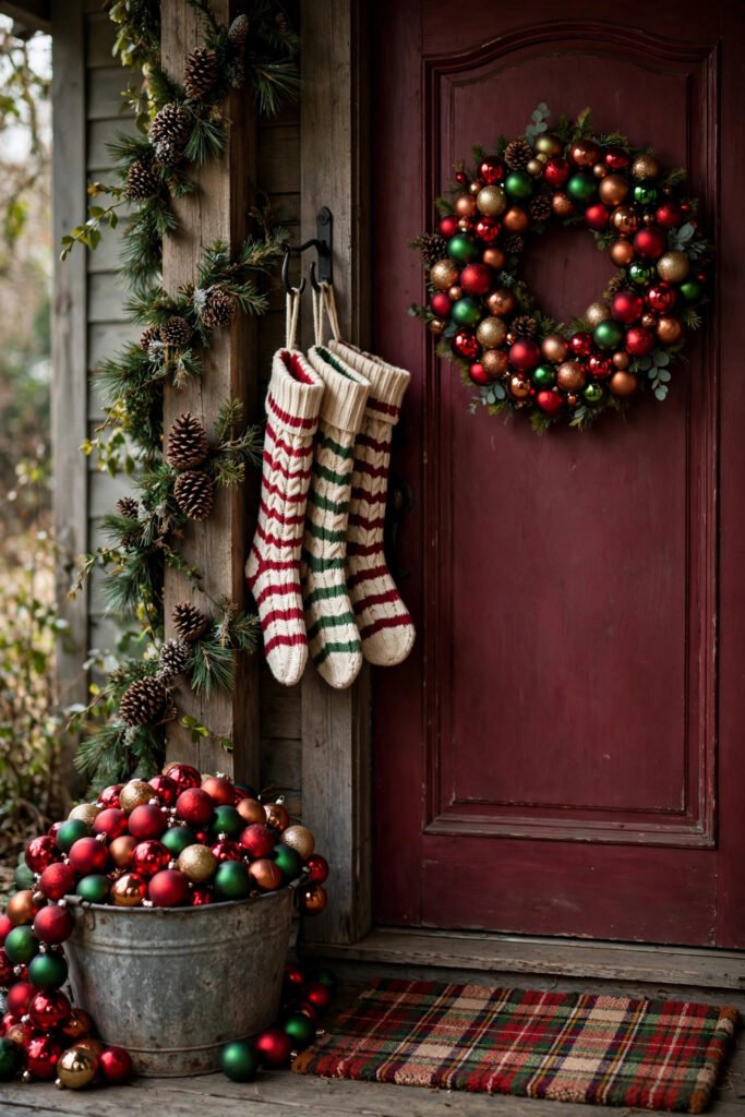 Galvanized vintage bucket overflowing with red green copper and gold Christmas ornaments beside a burgundy front door with ornament wreath