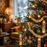 Vintage Christmas tree ideas: a nostalgic tree with mid-century glass ornaments, glowing bubble lights, silver tinsel and popcorn garland in a cozy 1960s living room