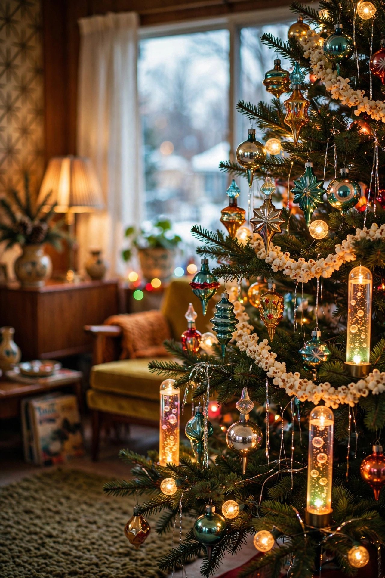 Vintage Christmas tree ideas: a nostalgic tree with mid-century glass ornaments, glowing bubble lights, silver tinsel and popcorn garland in a cozy 1960s living room