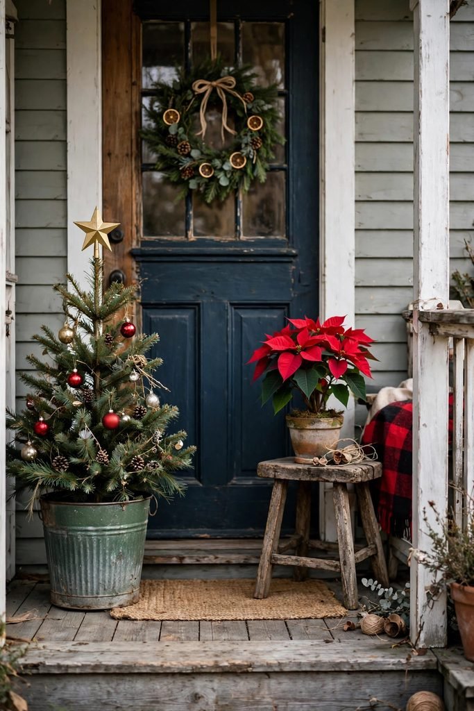 Mini Christmas tree in a green galvanized bucket paired with a red poinsettia on a rustic wooden stool, farmhouse porch decor