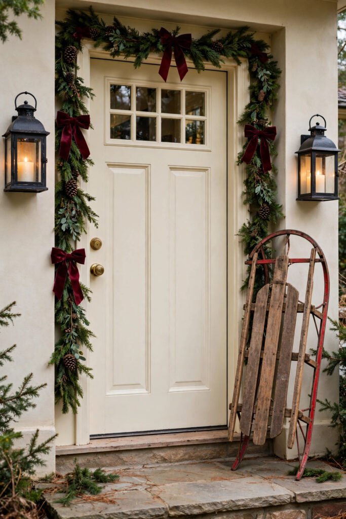 Cream front door with an old wooden sled with red metal runners leaning beside it, black lanterns with glowing candles, garland with burgundy velvet bows