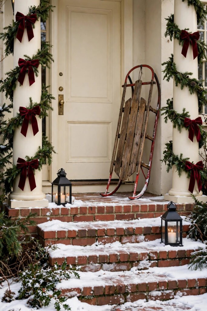 Vintage wooden sled with red metal runners leaning beside a cream door, garland with burgundy velvet bows on columns, black lanterns with candles on snowy brick steps