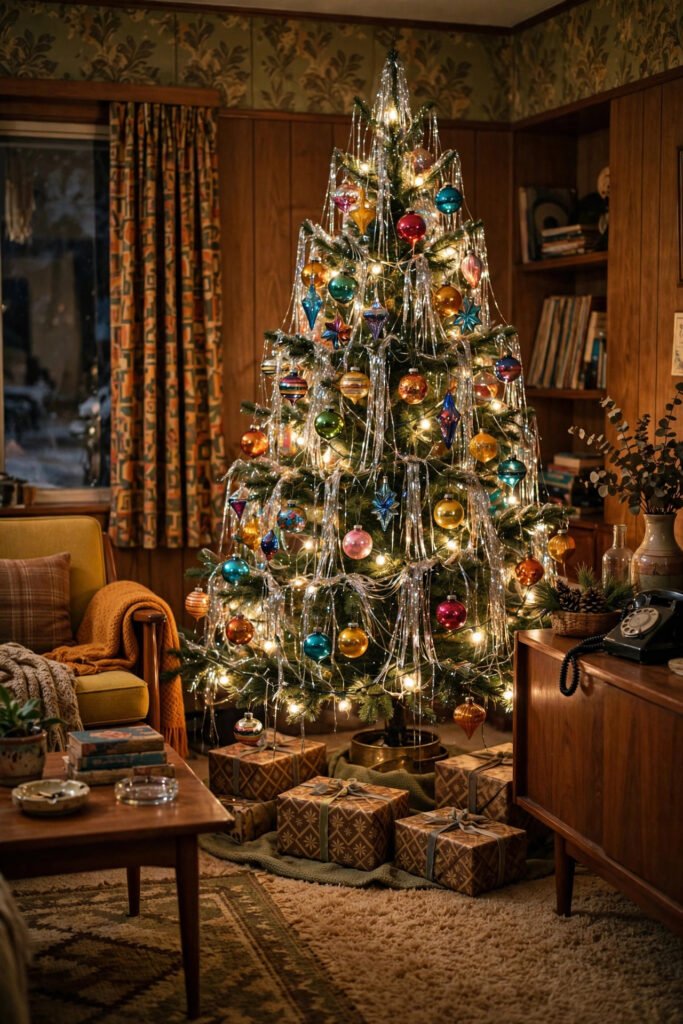 Vintage Christmas tree draped with shimmering silver tinsel strands, colorful glass ornaments and warm white lights