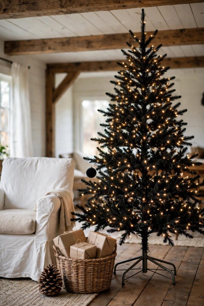 Black Christmas tree with hundreds of warm white lights and one matte black ornament, woven basket of kraft paper gifts, big pinecone, plain metal stand, wood beams, white slipcovered chair