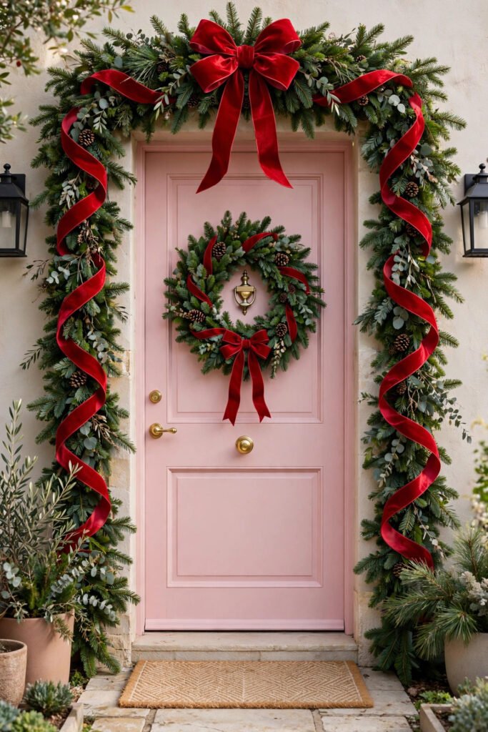 Soft pink front door framed by thick fresh garland with red velvet ribbon spiraling down both sides, a big bow at the top, pinecones, matching wreath