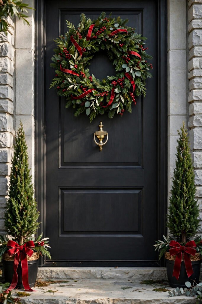 Dark charcoal front door with a greenery Christmas wreath with woven red ribbon loops and red berries, brass door knocker in the center, two slim cone trees with red bows