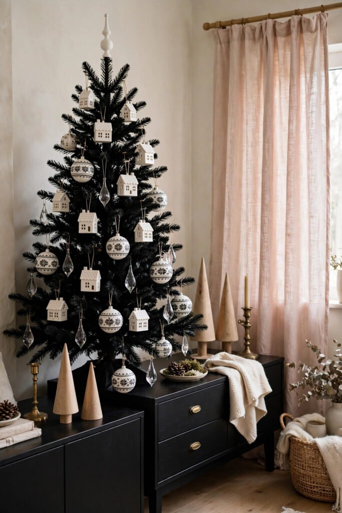Black Christmas tree with small white ceramic house ornaments, hand-painted white balls with black folk patterns, clear glass teardrops, white wooden finial, blush linen curtain, brass candlestick, wooden cone trees on a black cabinet