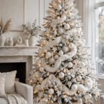 White Christmas tree ideas: an elegant white tree with champagne gold ornaments, silver snowflakes, warm lights and a crystal topper in a luxurious living room