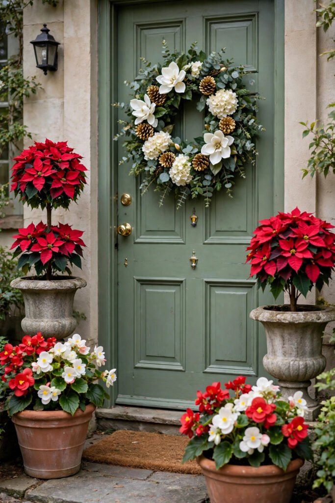 Green door with a wreath of white magnolia blooms, creamy hydrangeas, eucalyptus and a gold pinecone, poinsettia topiary in a stone urn, terracotta planters with red and white begonias