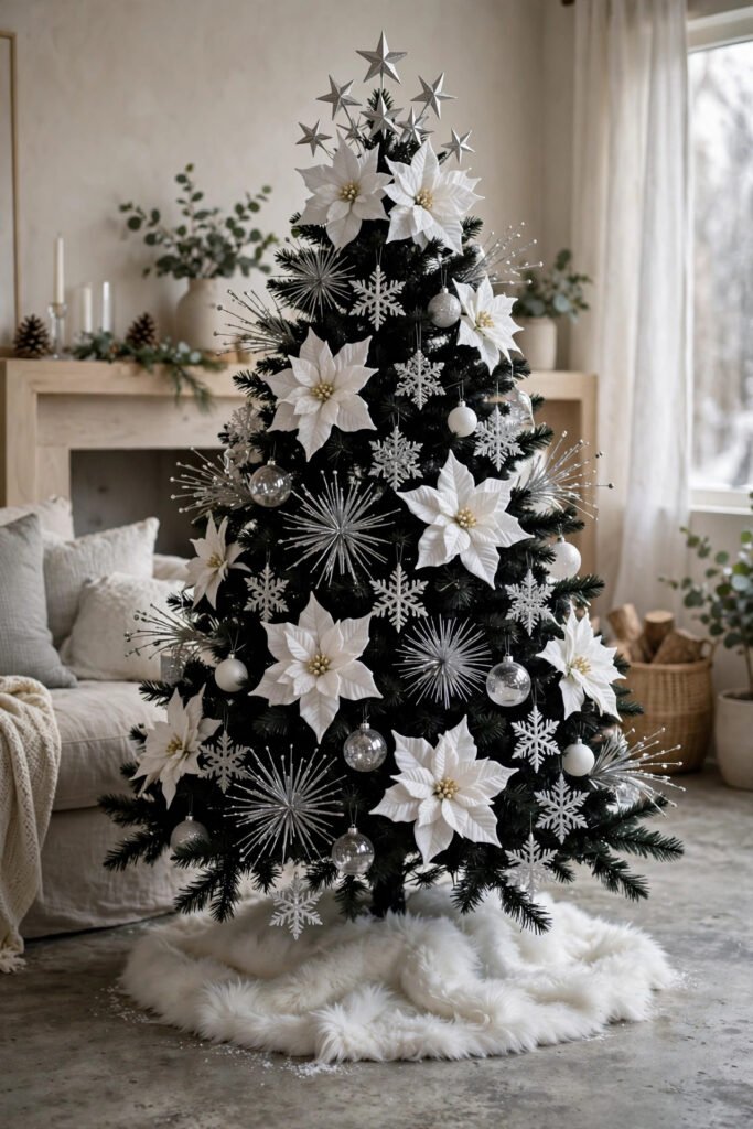 Black Christmas tree with big white faux poinsettias, silver starburst sprays, snowflakes, white, silver and clear ornaments, two poinsettias and silver stars on top, white faux fur skirt on a concrete floor