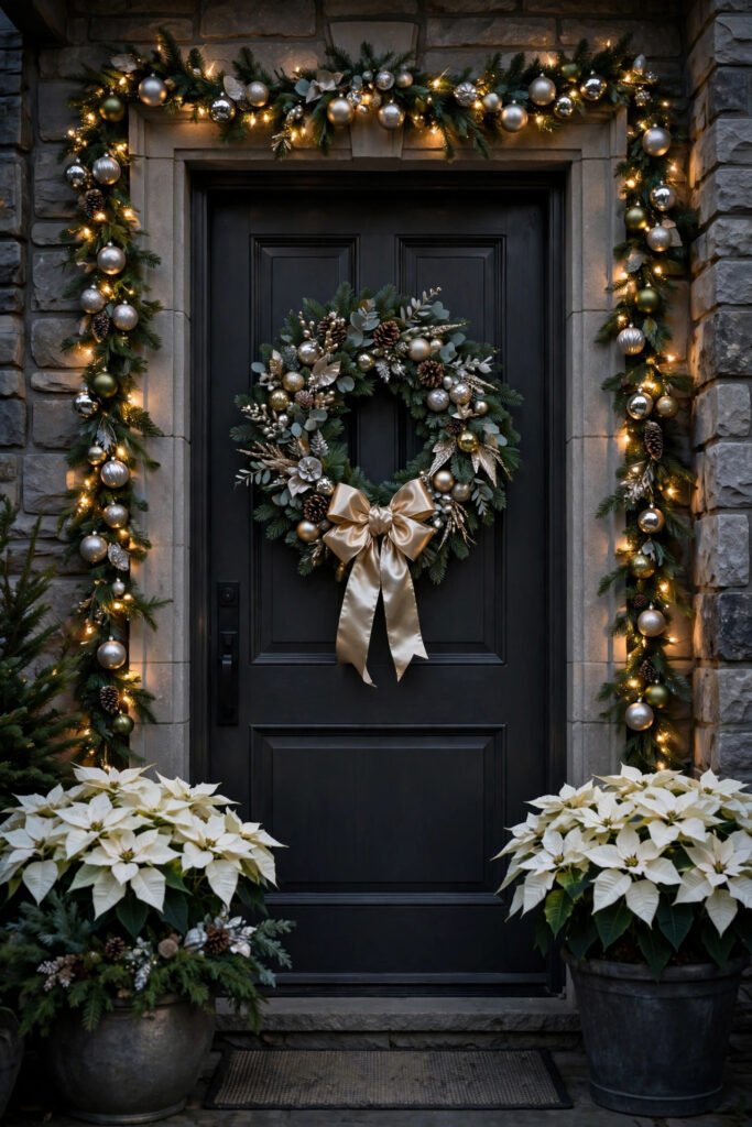 Two planters of white poinsettias flanking a charcoal front door with lit garland and champagne wreath, elegant neutral Christmas entry