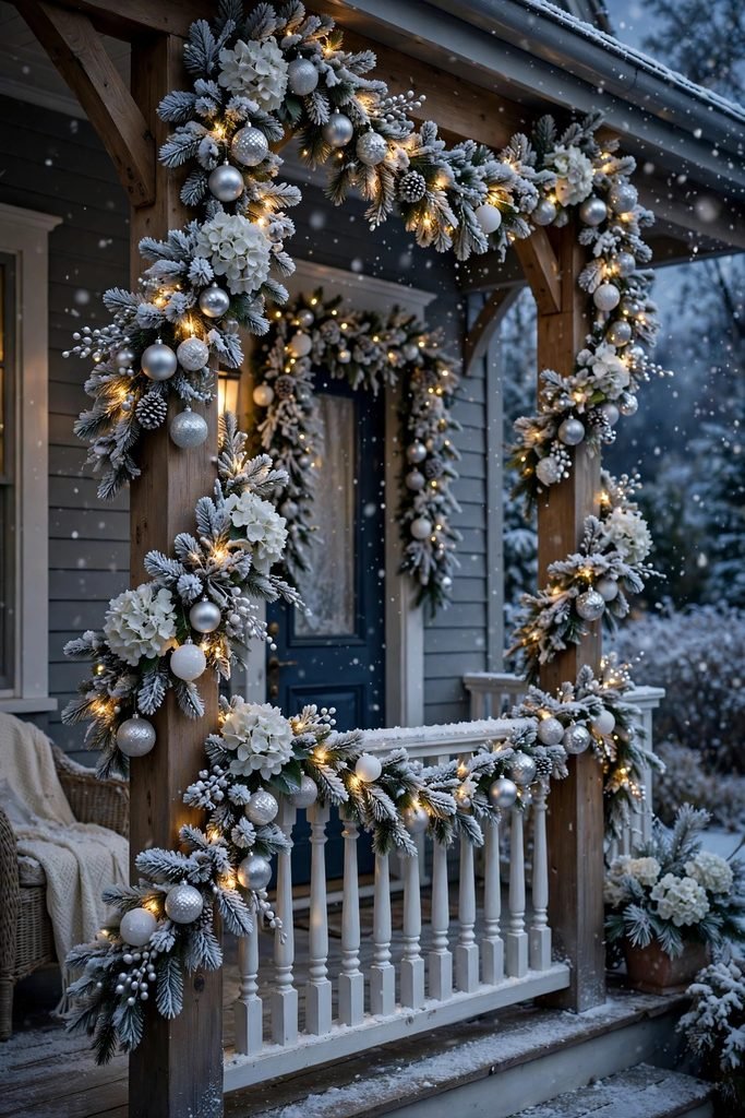 Porch beams draped in white and silver Christmas garland with hydrangeas, frosted pine and fairy lights against gray siding