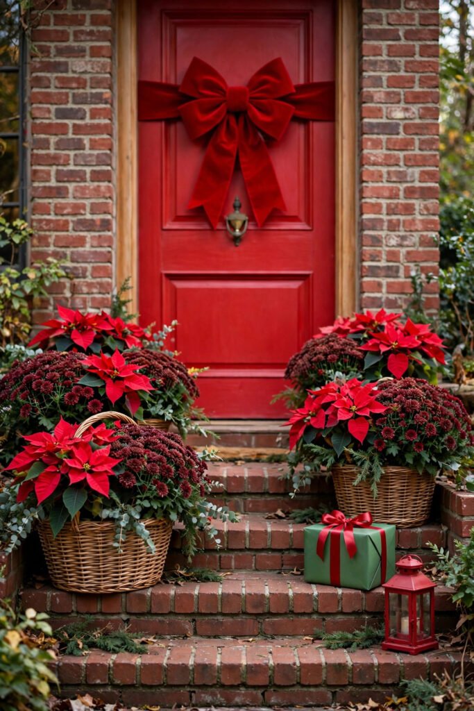 Wicker baskets overflowing with red poinsettias and burgundy mums on brick steps, green gift box with red ribbon, small red lantern, red door with a matching bow
