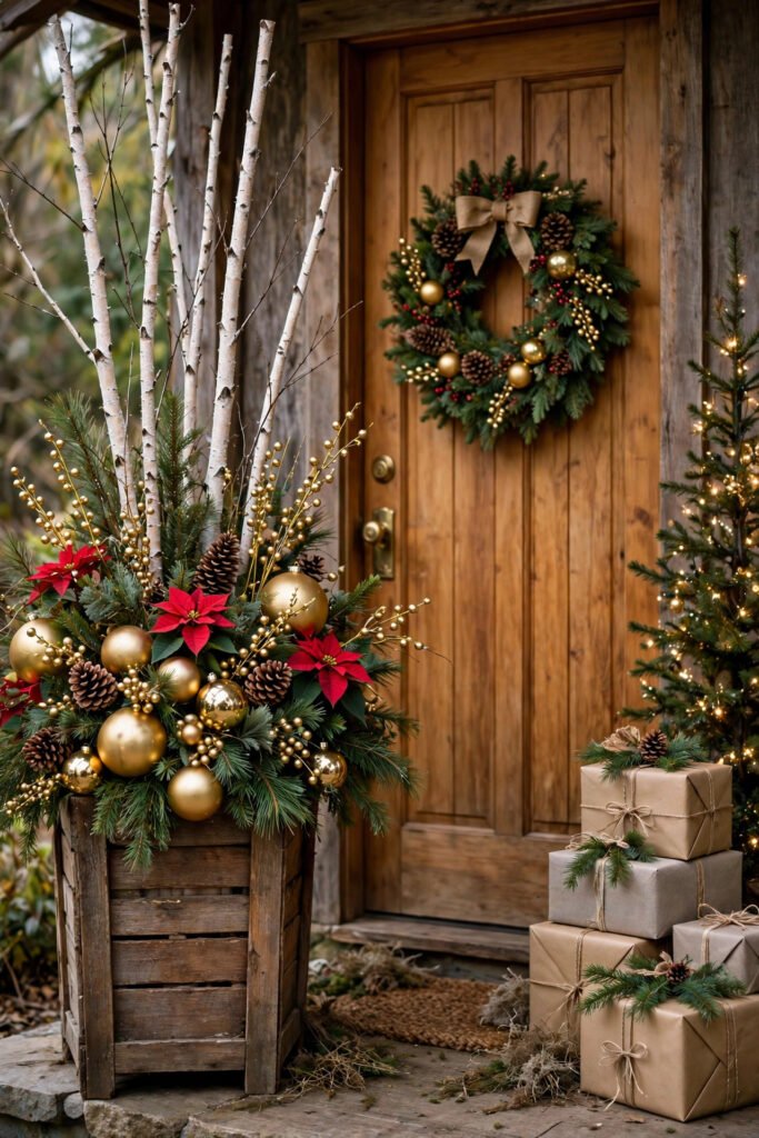 Tall rustic winter planter with white birch branches, evergreen clippings, red poinsettias, pinecones and gold ornaments beside a front door