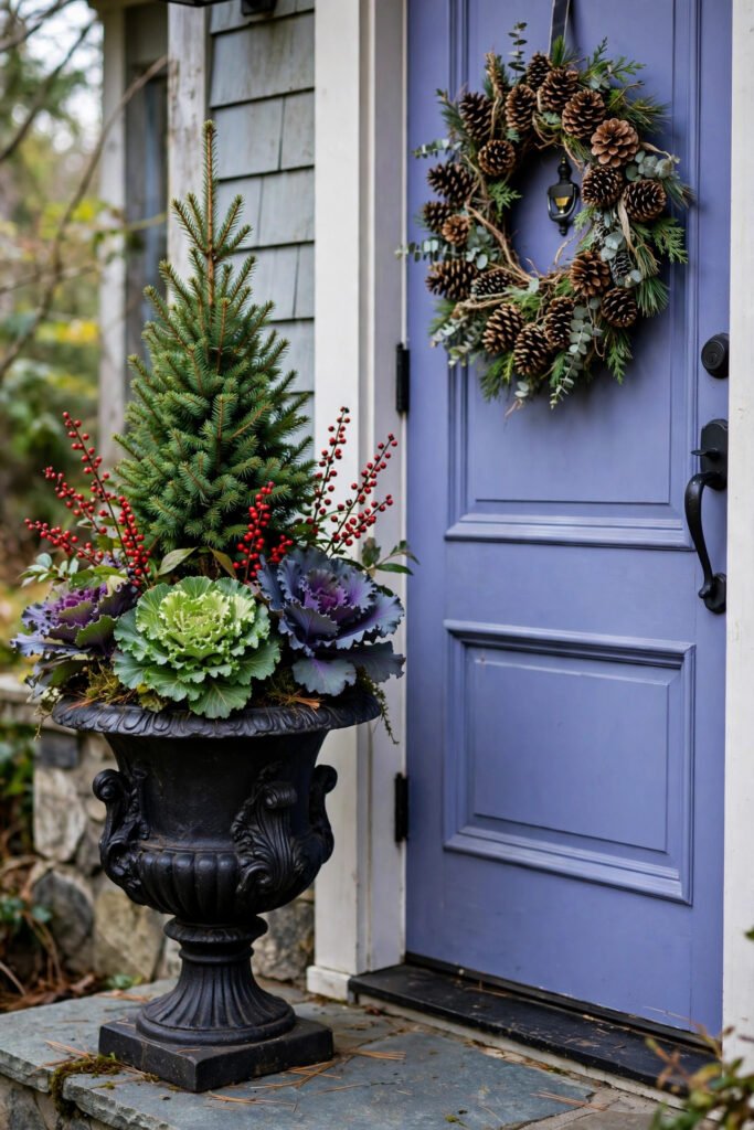 Black cast-iron urn with small cone-shaped evergreen, ruffled green ornamental cabbage, red berry stems and purple-tinged cabbage, periwinkle blue door with full pinecone wreath