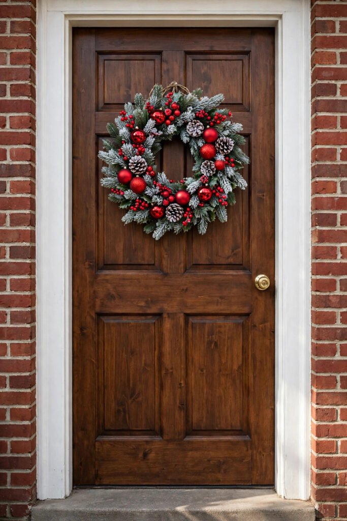 Rich brown stained wood door with one wreath of red berries, red ornaments and frosted pinecones, white trim, red brick