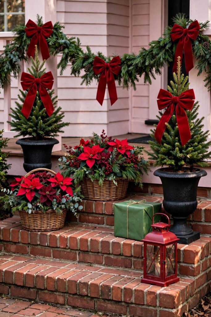 Wicker baskets with red poinsettias and burgundy blooms on brick steps, green gift box, red lantern, red velvet bows on garland, two small trees with bows in black urns, pink siding