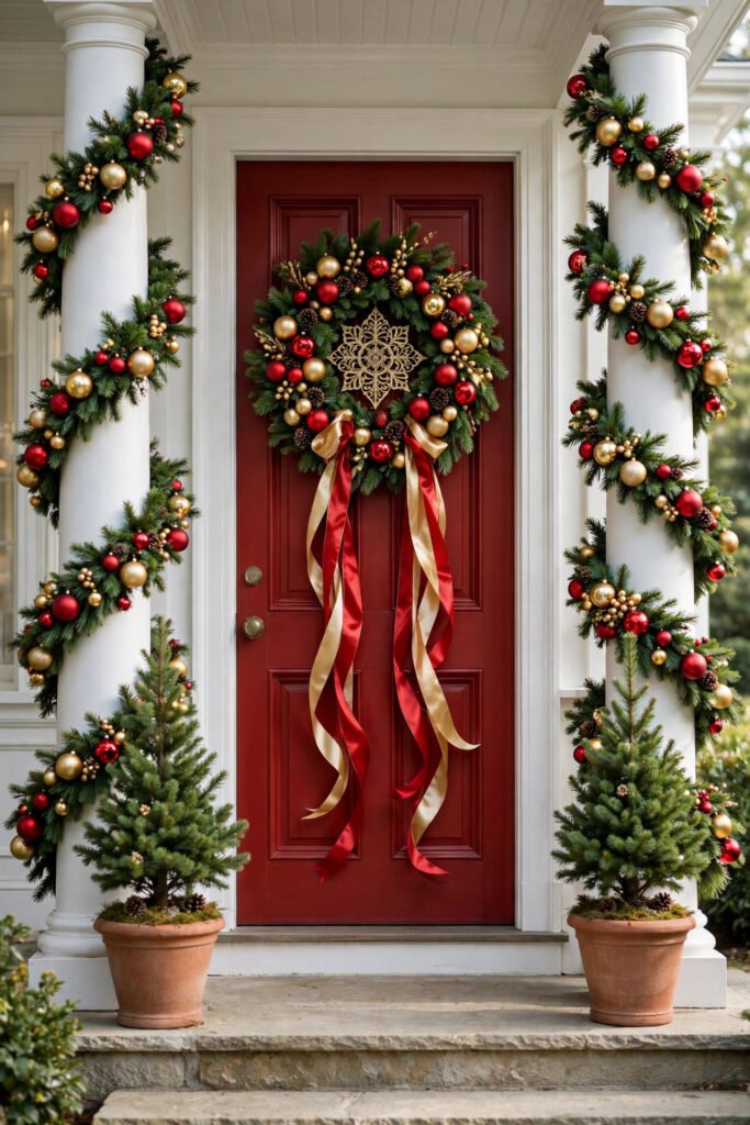 White porch columns wrapped in pine garland with red and gold Christmas ornaments, red door with a wreath and long satin ribbon, two small trees in terracotta urns