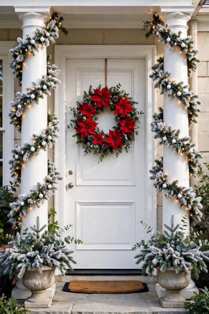 White porch columns wrapped in frosted garland with warm lights and white ball ornaments, white front door with a wreath of red poinsettias, stone urns with flocked fir and eucalyptus