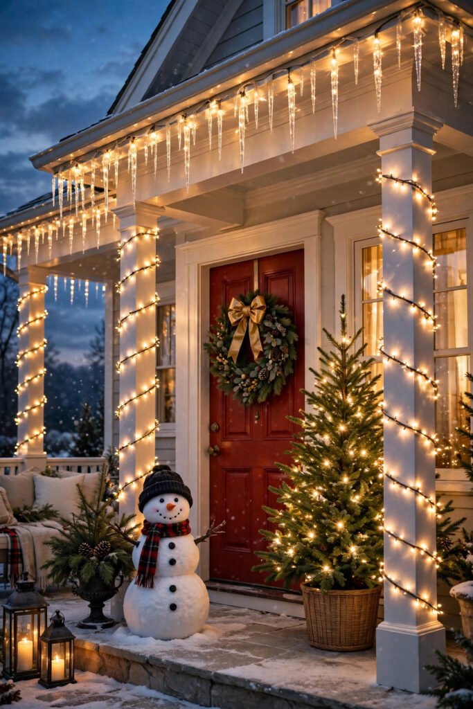 White porch posts wrapped in spiraling warm white Christmas string lights, icicle lights along the roofline, red door with a wreath and gold bow, lit cone tree and snowman