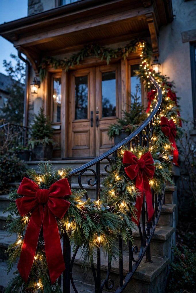 Front porch stair railing wrapped in lit pine Christmas garland with oversized red velvet bows leading up to wooden double doors at dusk
