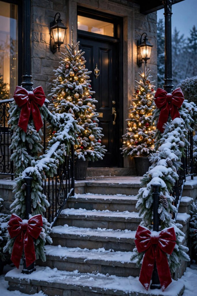Black wrought iron stair railings wrapped in thick snowy fir garland with large red velvet bows at the top and bottom, two ornament-covered trees beside a black front door