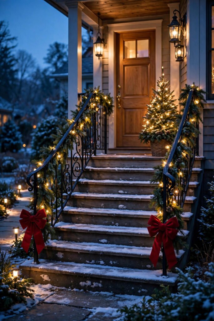Front porch stairs with iron railings wrapped in lit Christmas garland and oversized red velvet bows leading up to a wooden front door