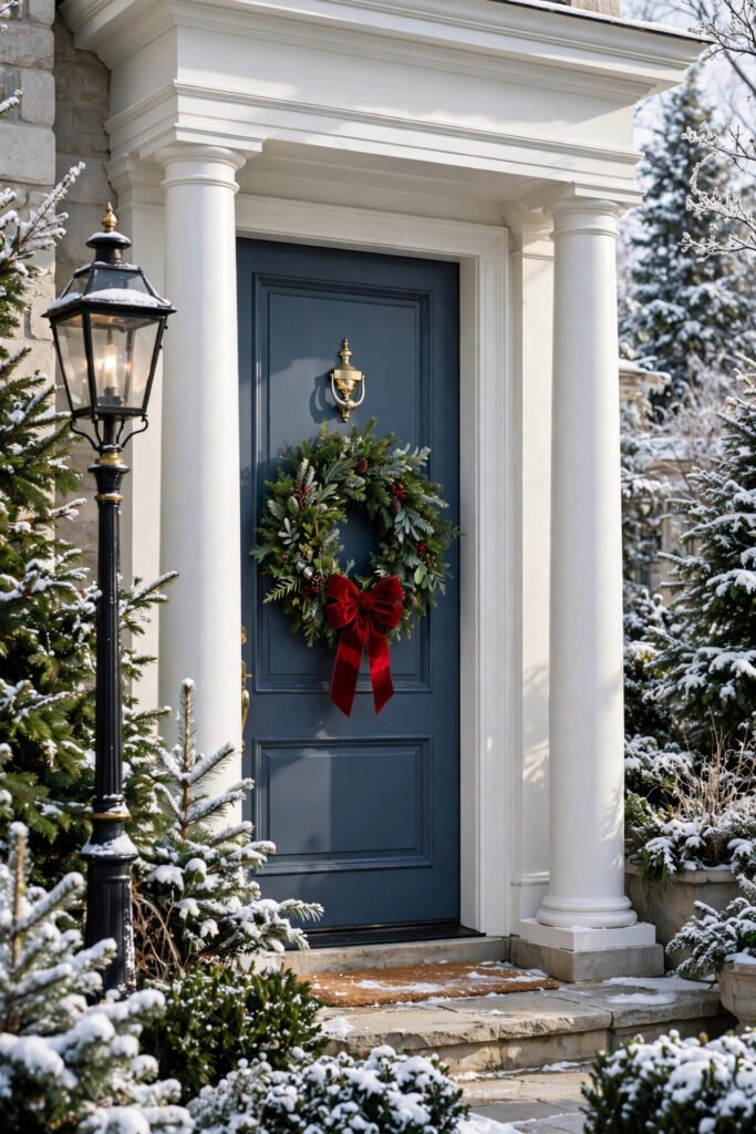 Deep slate-blue front door with a green Christmas wreath and red bow hung just below a brass door knocker, white columns, lamp post and snowy evergreens