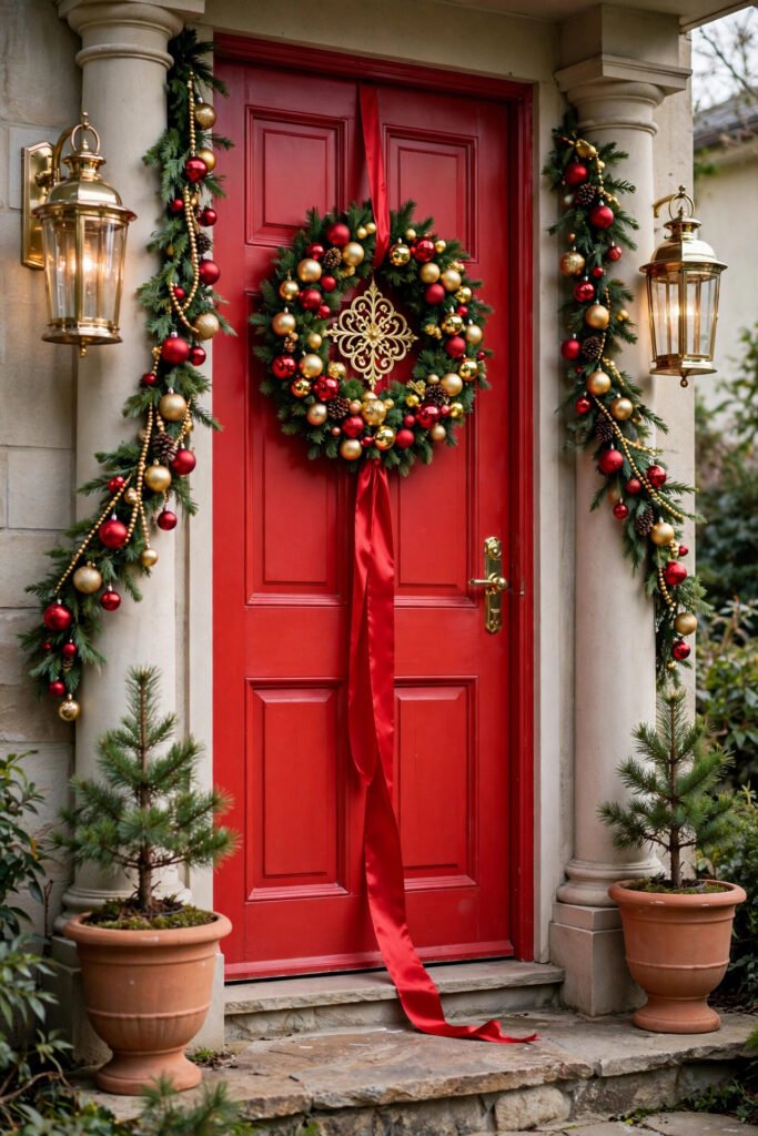 Bright red door with wreath of red and gold balls, gold filigree centerpiece, long red satin ribbon, brass lanterns, terracotta urns with small pine trees, ornament garland on the columns